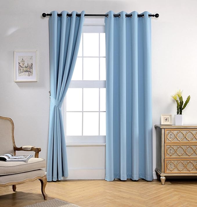 MIUCO 1 Pair Thermal Insulated Grommet 52-Inch-by-84-Inch Blackout Window Curtain Panels with 2 Tie Backs, Sky Blue