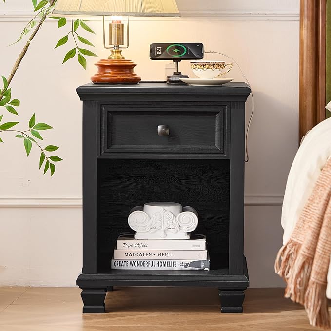 SAVOR LIFE Farmhouse End Tables Living Room with Drawer, Rustic Wood Nightstand with Charging Station, Bedside Table with Open Shelf for Bed Room, Living Room, Black