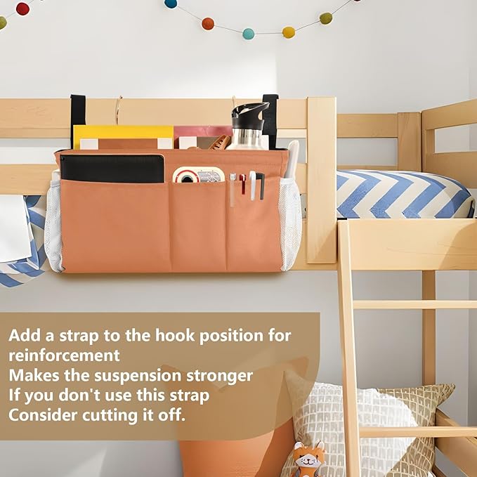 KOPIRIT Orange Bedside Caddy Storage Bag Bedside Organizer for Bed Rails College Dorm Room Hanging Bag Bedside Shelf 6 Pockets with Hooks for Glasses Book Tablet Holder