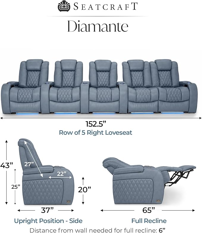 Seatcraft Diamante Zero-Gravity CoolZero Italian Leather Home Theater Seating, Power Headrest, Power Recline, Row of 5 Right Loveseat, Smokey Blue