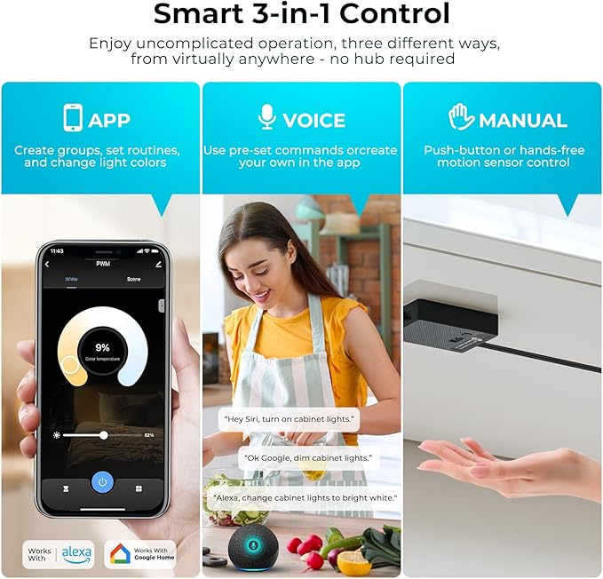 VST Smart Under Cabinet Lighting 6 Bars - UL Listed CRI 93+ Adjustable COB Strip Lights, Alexa & Google Home Compatible, App/Voice/Hand Wave Control for Kitchen Cabinets & Closets