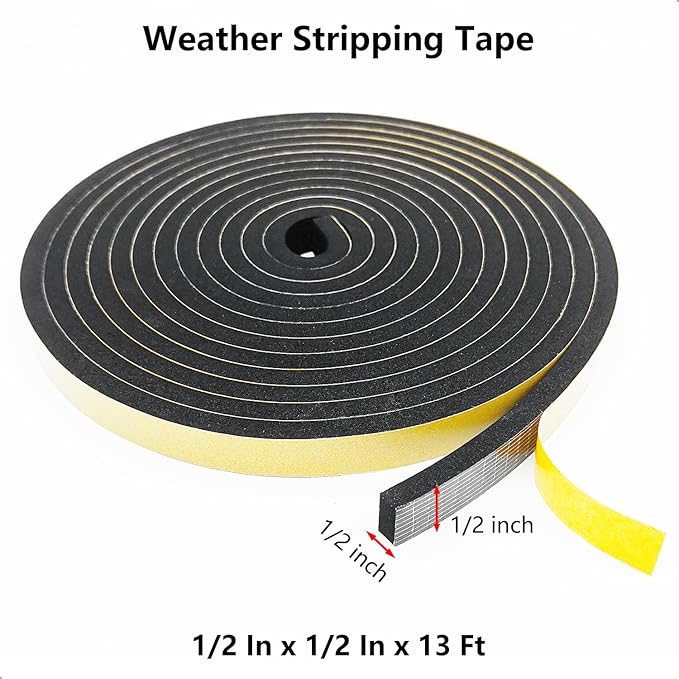 Weather Stripping Door Seal Strip, Strong Adhesive, Weatherproof, Reduce Noise, Gap Filler, Foam Insulation Tape for Doors and Windows (1/2 in x 1/2 in x 13 Ft)