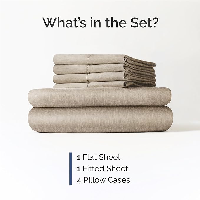 Full 6 Piece Sheet Set - Cooling & Breathable - Hotel Luxury Bedding, Includes Fitted Sheet for Women, Men, Kids & Teens - 1 Flat, 1 Fitted Sheet, 4 Pillowcases w/Deep Pockets - Heathered Beige