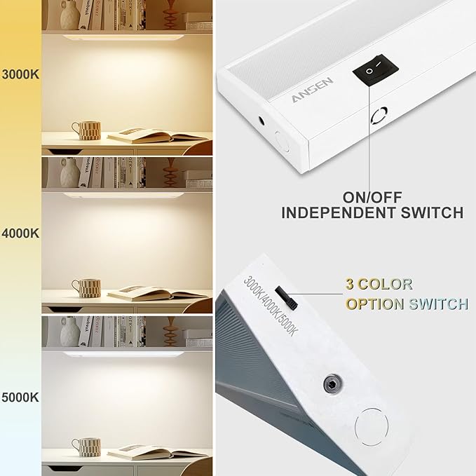 Ansen 2Packs of Under Cabinet Lighting Hardwired, 24in 18W 1237LM Dimmable Led Light for Kitchen/Closet, CRI 92+, R9 90+, 3 Color Temperature, 3000K/4000K/5000K(Warm White, Cool White, Daylight)