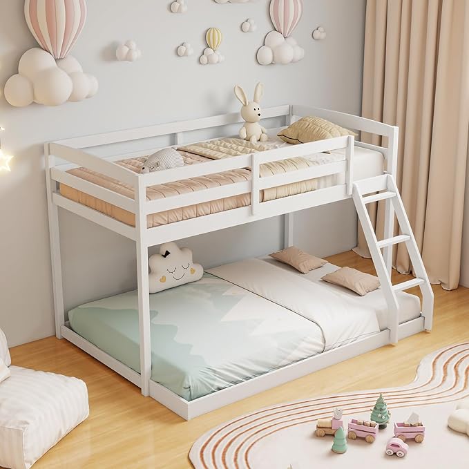 KOMFOTT Low Bunk Bed Twin Over Full, Solid Wood Twin Bed Frame with Built-in Ladder & Safety Guardrails, Space-Saving Low Bunk Bed for Kids, Teens, No Box Spring Needed