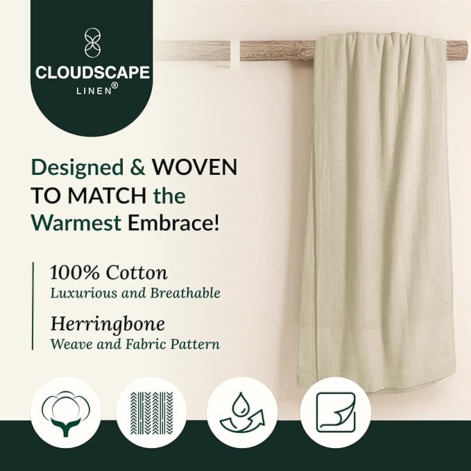 Cloud Scape Linen 100% Cotton Blanket 92x92 Fog - Cozy Herringbone Weave, Fits Up to for Full Size Beds, Breathable Softness, All-Season Warmth, Winter Blanket, for Women