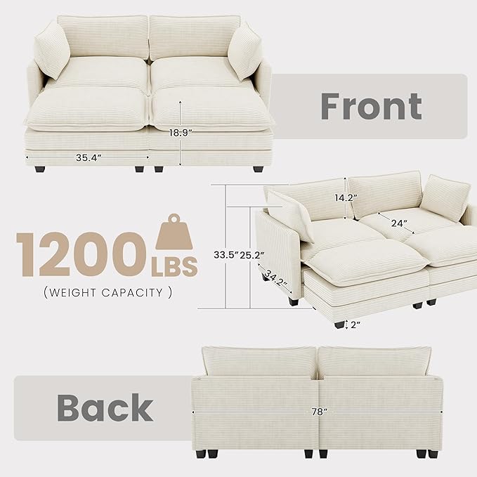 78'' Modular Sectional Cloud Couch with 2 Movable Ottoman, 4 Seat Comfy Modern Corduroy Sofa with 2 Throw Pillows, Deep Seat Sleeper Couch for Living Room Bedroom Apartment, Beige