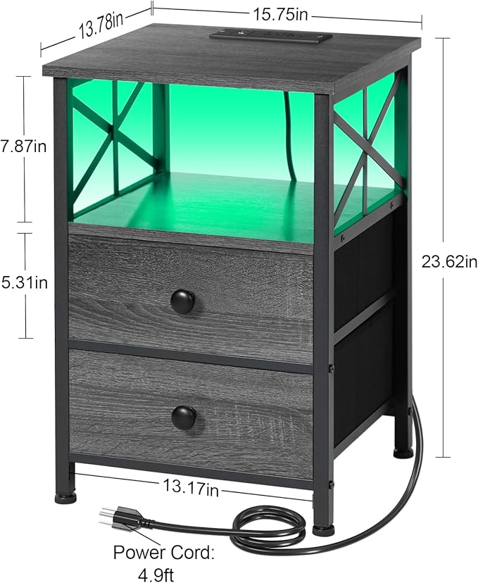 AMHANCIBLE Night Stand Set 2, LED Nightstand with Charging Station, End Tables Living Room with Fabric Drawers, Bed Side Table for Bedroom, Dark Grey HET052LDG