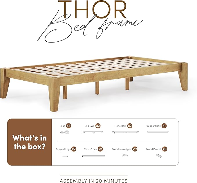 Thor Premium Solid Wood Bed Frame Twin XL, Platform Bed, Japanese Joinery Bed Frame, Wood Slat Support, No Box Spring Needed, Easy Assembly, Minimalist & Modern Style (Light Brown)