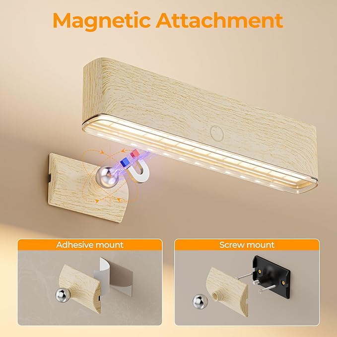 MOITA Magnetic Wireless Battery Operated Wall Sconce, Rechargeable Remote Control & Touch Control Wall Sconces Set of Two, 3-Color Temperatures LED Wall Lights, 360° Rotatable (Beech, 2-Pack)