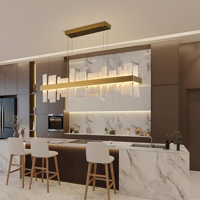 Alabaster Rectangle Chandelier, Natural Spanish Stone Texture Chandeliers, 46.8" Adjustable Alabaster Chandelier Over Table for Dining Room, Bedroom, Island– Modern Luxury Ceiling Lighting