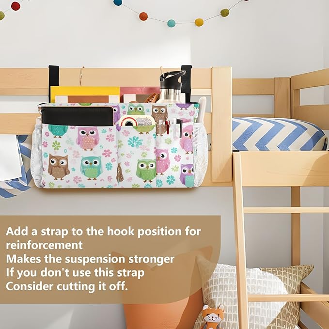 Bedside Caddy Hanging Bunk Bed Caddy Bed Organizer Hanging Pocket with 2 Hooks Bedside Storage Organizer Pocket Bag Holder Colorful Owls and Flowers