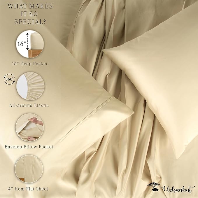 URBANHUT 800 Thread Count 100% Cotton Full Size Sheets, Luxury 4 Piece Full Bedsheets, Hotel Sheets Sateen Finish - Better Than Egyptian, 16" Elasticized Deep Pocket - Sand