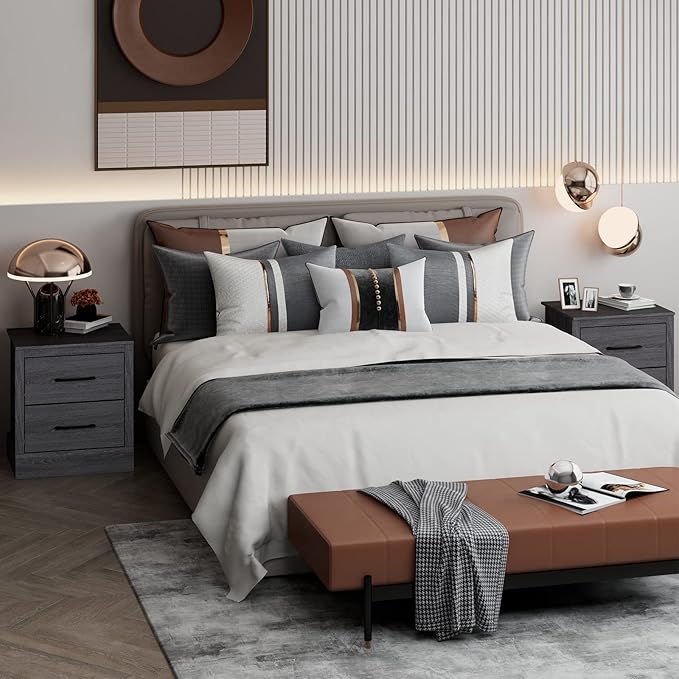 Giantex Farmhouse Nightstand, Wood Bedside Table with 2 Storage Drawers, Compact Floor Night Stand End Table, Accent Sofa Side Table for Bedroom, Grey Oak