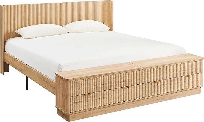 T4TREAM Fluted King Size Bed Frame with Wingback Headboard, Footboard Storage Bench with Built-in Drawers & Lift-Up Compartments, Wood & Steel Platform Bed, No Box Spring Needed, Natural Oak