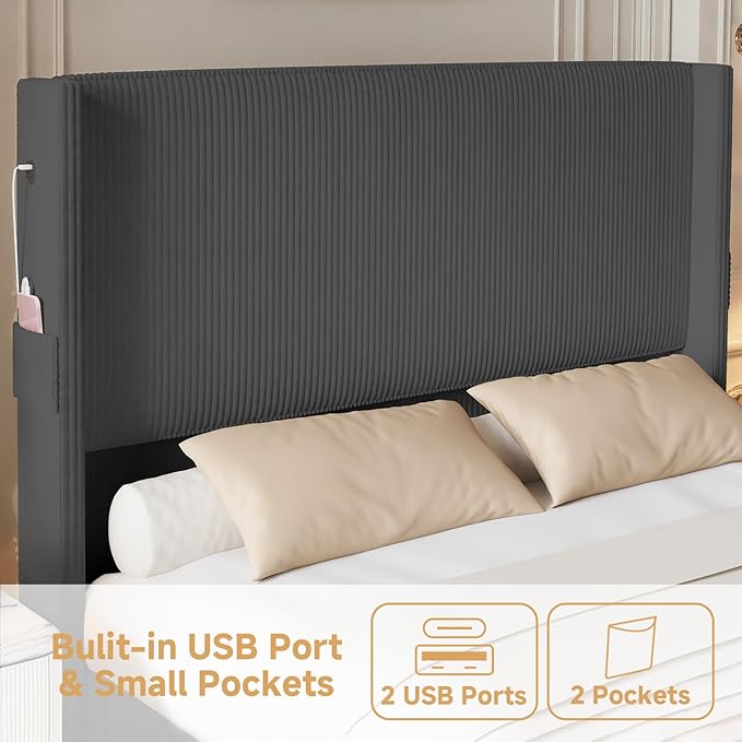 Queen Size Bed Frame with Headboard, Upholstered Platform Bed with Tall Wingback Headboard & Footboard, Corduroy Bed Frames with USB Ports, Easy Assembly, Gray
