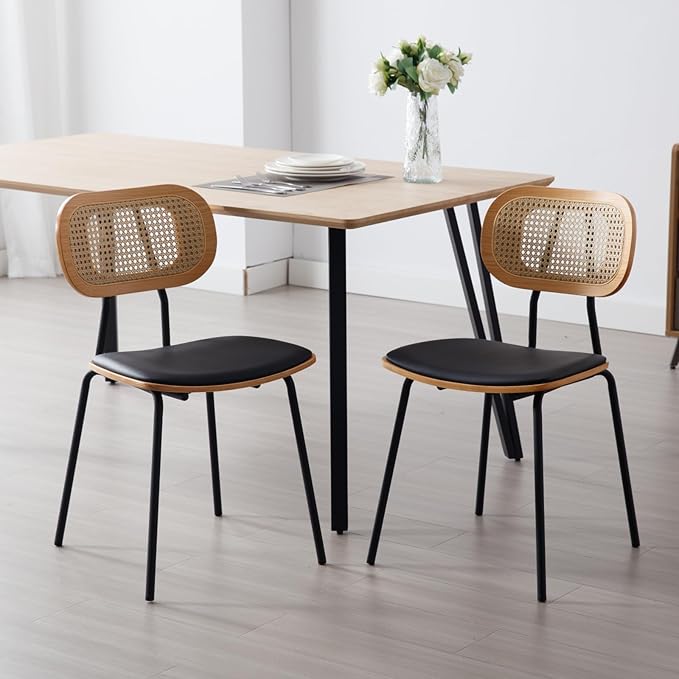 HEAH-YO Modern Dining Chairs Set of 2, Upholstered Faux Leather Rattan Dining Chairs with Backrests, Armless Dining Room Chairs for Kitchen, Black