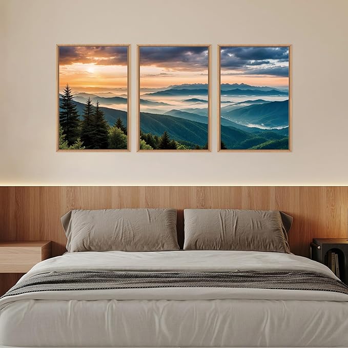 LHIUEM Large Nature Mountain Sunrise Framed Canvas Wall Art, Abstract Landscape Art Print for Living Room, Bedroom, Office - 16"x24"x3