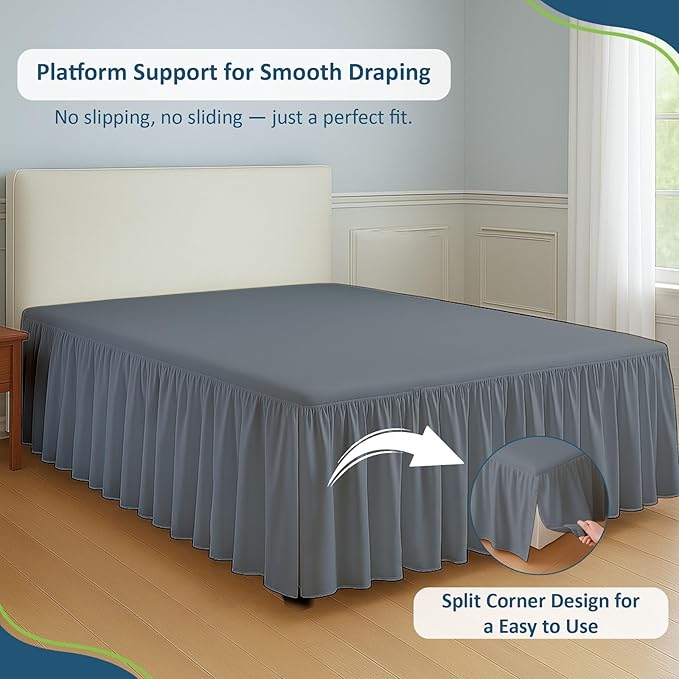 Rajlinen Ruffled Bed Skirt Full, 12 Inch Drop Dust Ruffle with Split Corners, 100% Microfiber Bedskirt with Platform, Three-Sided Coverage Ruffled Gathering Design, Dark Grey