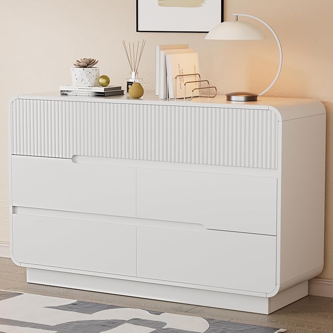 6 Drawer Dresser and 2 Nightstand Sets for Bedroom 3 Pcs Bedroom Set, Modern 47.2" Fluted Dresser with Invisible Handles Nightstand Charging Station, Bedroom Furniture Set for Living Room, White