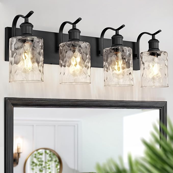 Bathroom Vanity Light Fixtures 4-Light Hammered Glass Modern Wall Mounted Over Mirror Black - VL01BKH-4