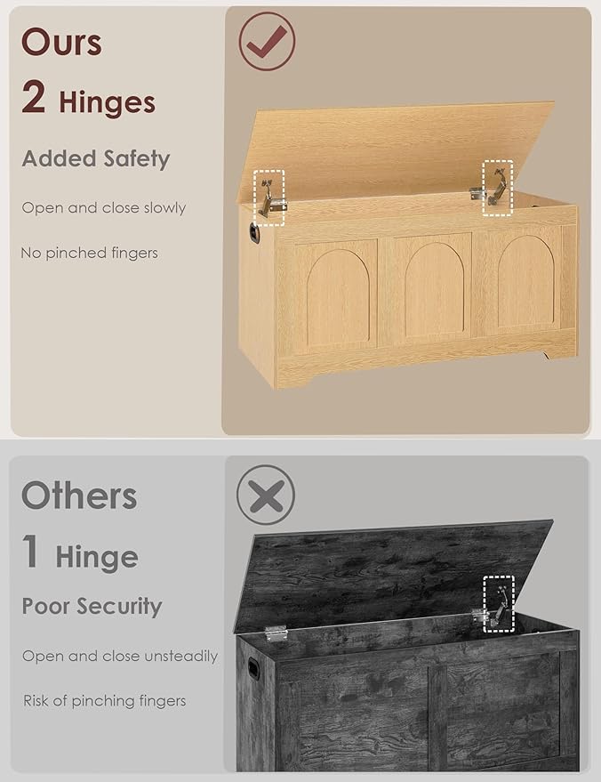 DINZI LVJ Storage Chest, 39.4”Wooden Storage Box with 2 Safety Hinges, Entryway Shoe Bench with Flip-Top, Trunk for Living Room, Bedroom, Easy Assembly, Natural