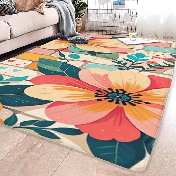 Machine Washable 5' x 8' Bohemian-Style Area Rug, Pink Floor mat, Suitable for bedrooms, Girls' Room Bedside, Living Room, Dining Room, Office, Non-Slip Low-Pile Printed Modern Floral Carpet