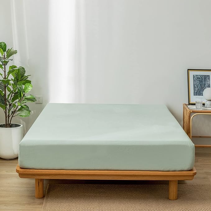 MooMee Fitted Bottom Sheet Only 100% Washed Cotton Linen Like Textured Breathable Durable Soft Comfy Deep Pocket Fits Mattress up to 17" (Sage Green, Twin)