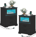 Hasuit Night Stand Set of 2 with Charging Station and LED Lights, Farmhouse Nightstand with 2 Drawers and Cubby with Wire Mesh Door, Black Bedside Table for Bedroom