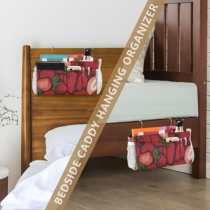 Bedside Caddy Hanging Bunk Bed Caddy Bed Organizer Hanging Pocket with 2 Hooks Bedside Storage Organizer Pocket Bag Holder Cartoon Red Strawberry