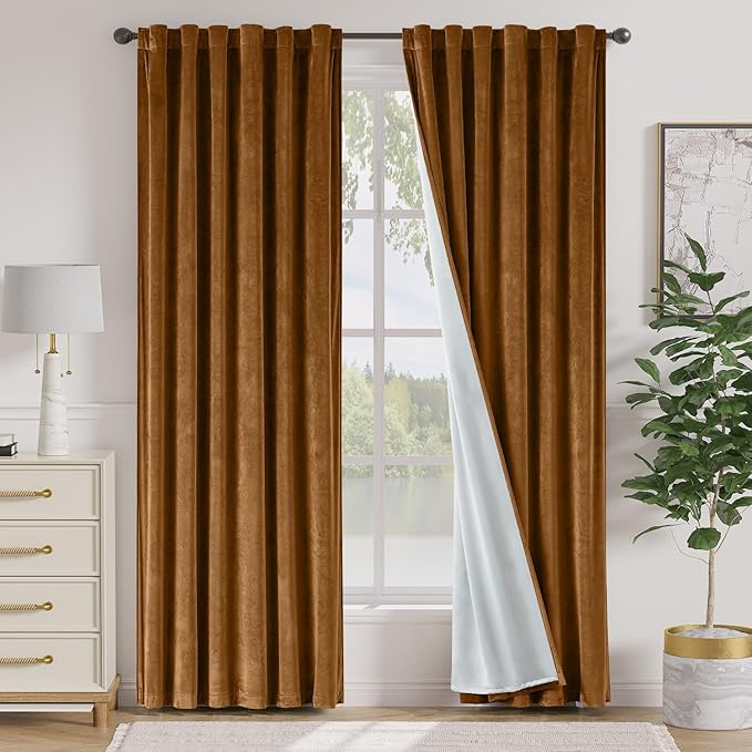 Lazzzy Velvet Blackout Curtains Thermal Insulated Curtains Room Window Drapes Super Soft Luxury Curtains for Living Room Bedroom Rod Pocket 2 Panels, 90 Inch Lined | Gold Brown