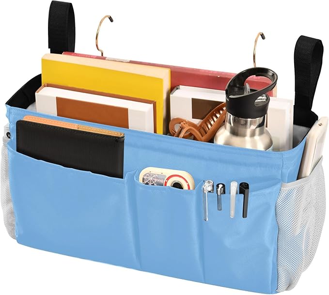 KOPIRIT Lake Blue Bedside Caddy Storage Bag Bedside Organizer for Dorm Room Top Bunk Bed Bedside Shelf Hanging Organizer 6 Pockets with Hooks for Glasses Book Tablet Holder