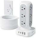 Flat Plug Power Strip Tower, 40W Total Fast Charging Station, Dual PD 20W USB-C Surge Protector with 12 AC Outlets and 8 USB Ports (4 USB C), 15FT Extension Cord for Home Office Dorm Room