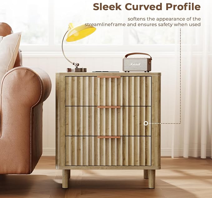 Fluted Nightstand with Charging Station, Multifunctional 3 Drawers Storage Bedside Table, Solid Wood Modern Nightstand, Curved Profile Design, End Table for Indoor Room Bedroom Office, Oak