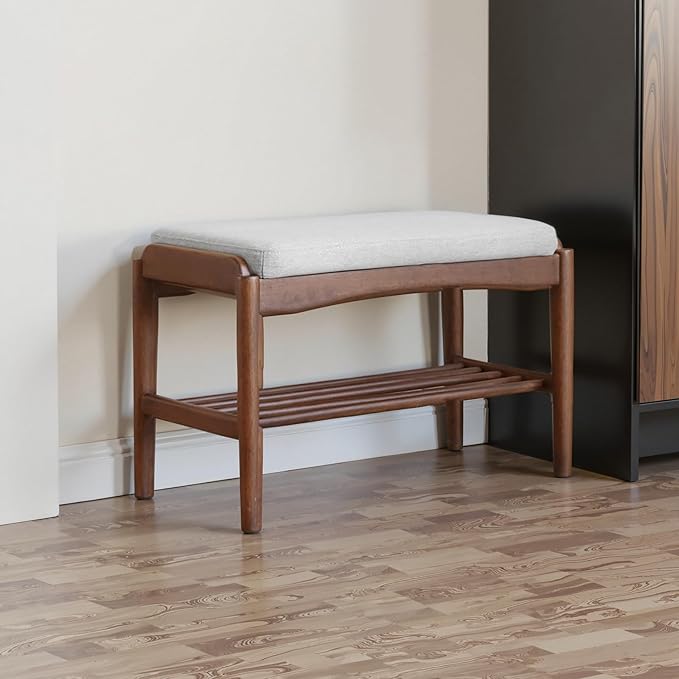 Black Walnut Shoe Bench Assembled, Solid Wood Shoe Rack Bench with Cushion for Entryway, Living Room, Bedroom, Hallway, 11.8" x 31.5" x 16.5"