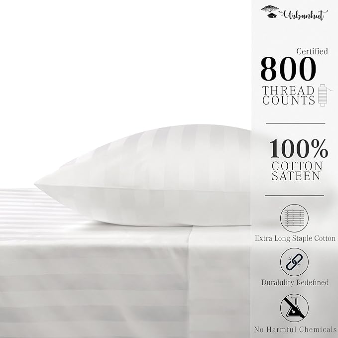 URBANHUT 800 Thread Count 100% Cotton Damask Twin Size Sheets, 4 Piece Striped Twin Size Bedsheets, Luxury Hotel Sheets Sateen Weave - Better Than Egyptian, 14" Elasticized Deep Pocket- White