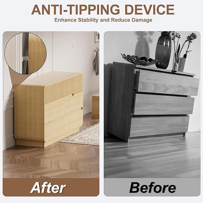 6 Drawer Dresser and 2 Nightstand Sets for Bedroom 3 Pcs Bedroom Set, Modern 47.2" Fluted Dresser with Invisible Handles Nightstand Charging Station, Bedroom Furniture Set for Living Room, Natural