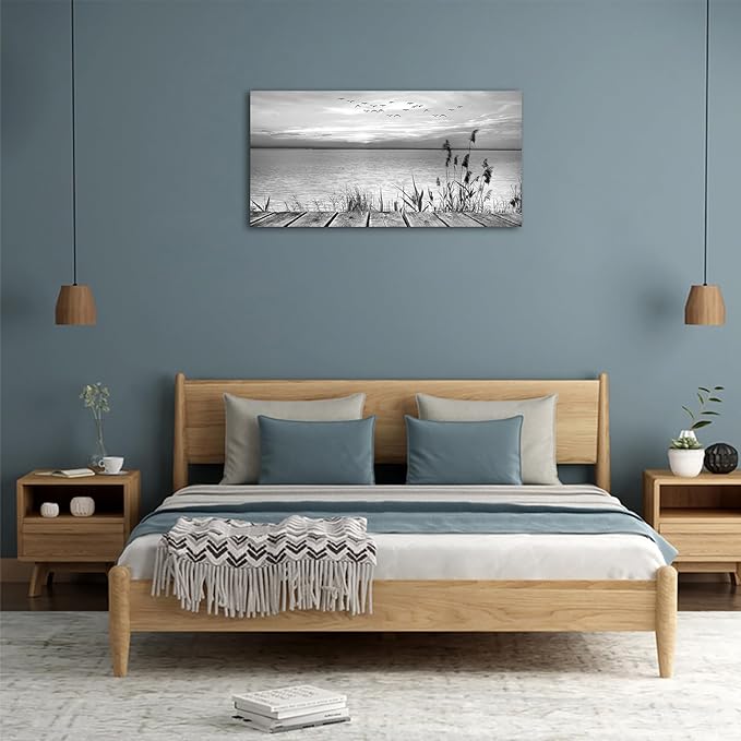 yearainn Black and White Canvas Wall Art Sunset Lake with Flying Birds Pictures for Wall Decor Nature Landscape Canvas Painting Artwork for Living Room Bedroom Home Office Wall Decoration 20" x 40"