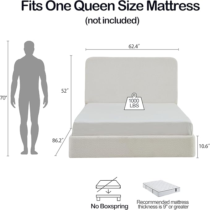 Queen Size Upholstered Bed Frame, 52" High Headboard Wingback Bedframes, Canter Tall Headboard Floor Platform Beds, No Box Spring Needed No Noise/Easy Assembly/Minimalist, Pearl White Chenille