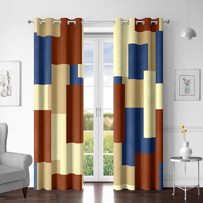 Terracotta Blue 100% Blackout Curtains for Bedroom 96 inch Long 2 Panels Set Modern Abstract Geometric Black Out Curtains Insulated Room Darkening Window Drapes for Living Room, 52Wx96L