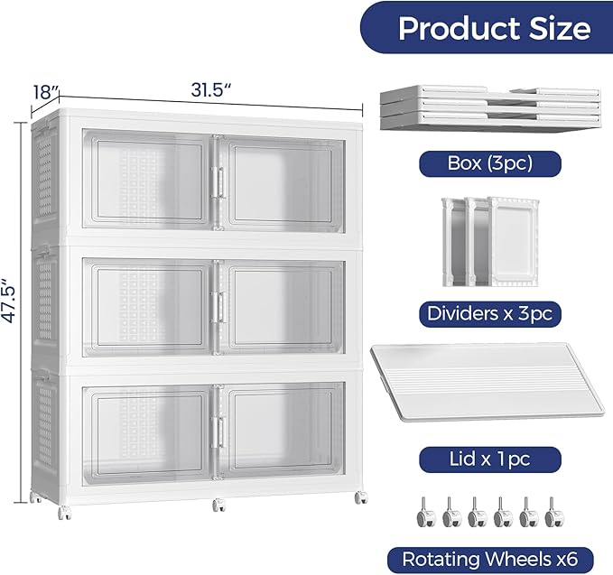 600 QT Extra Large Stackable Storage Bins with Lid, 150 Gal Collapsible Storage Box with Wheels, Folding Closet Organizers and Storage Cabinet with Doors for Home, Kitchen, Office, 3Pack White