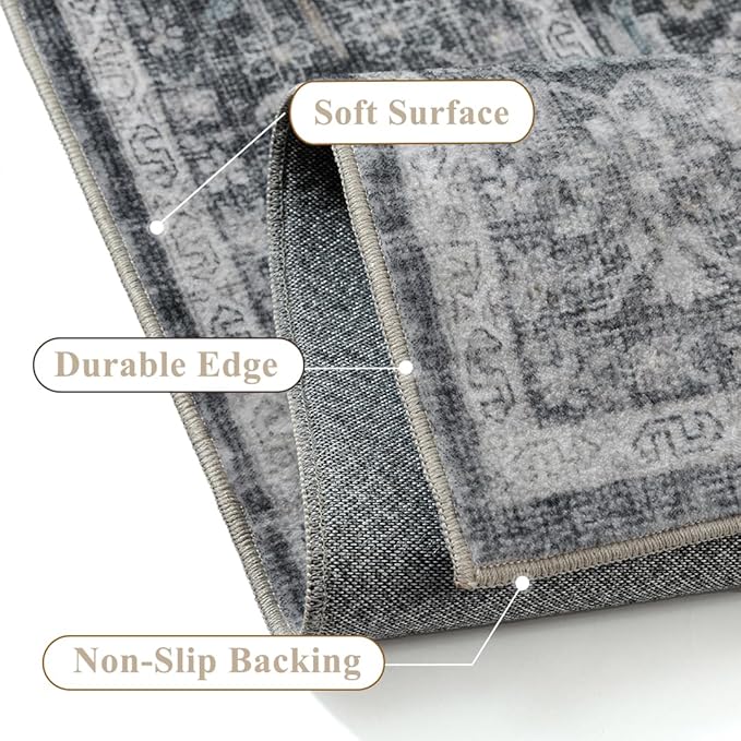Blue 6x9 Area Rug Non Slip Vintage Living Room Distressed Machine Washable Carpet Retro Indoor Bedroom Traditional Floral Accent Throw Rug for Office Kitchen Dorm Dining Room