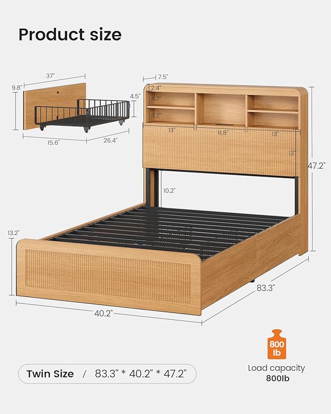 AOGLLATI Twin Bed Frames with 4 Storage Drawers and Hidden Storage Headboard, Wood Led Fluted Twin Bed with Charging Station and Curved Profile Design, No Box Spring Needed, Wood