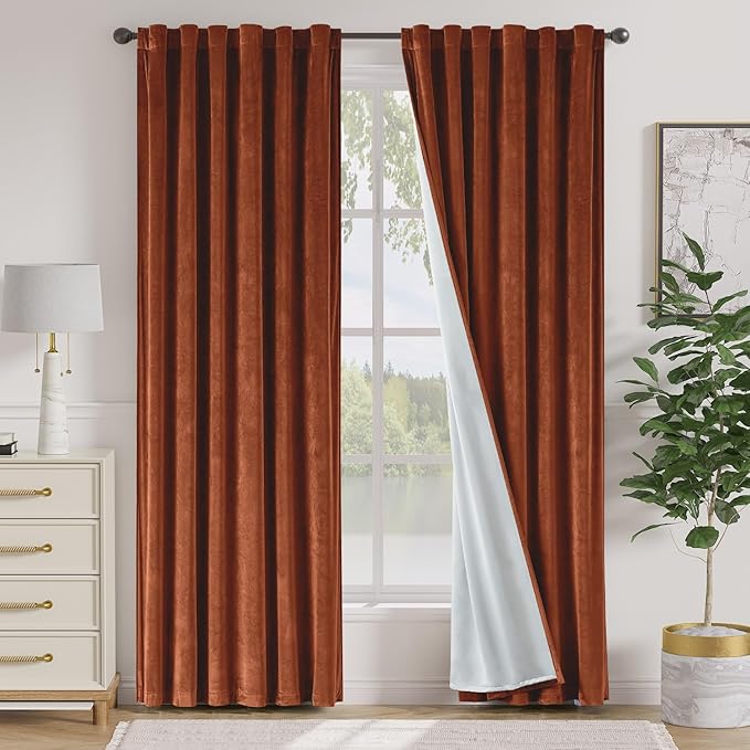 Lazzzy Burnt Orange Velvet Blackout Curtains 90 Inches Long Thermal Insulated Room Darkening Curtain Drapes Luxury Back Tab Window Treatments for Bedroom Living Room 2 Panels, 52 x 90 Inch, Caramel