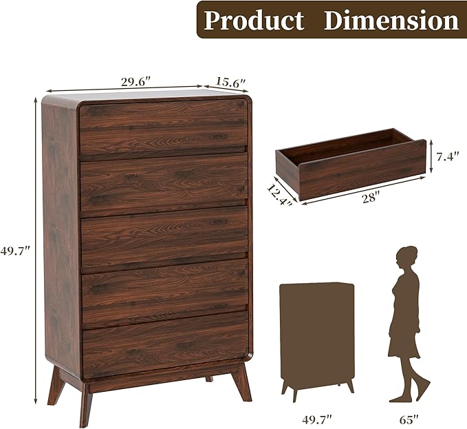 50" Tall Dresser for Bedroom, Vertical Dressers with 5 Drawers and Curved Profile Handleless Design, Chest of Drawers with Natural Texture for Living Room, Hallway and Entryway,Nautral