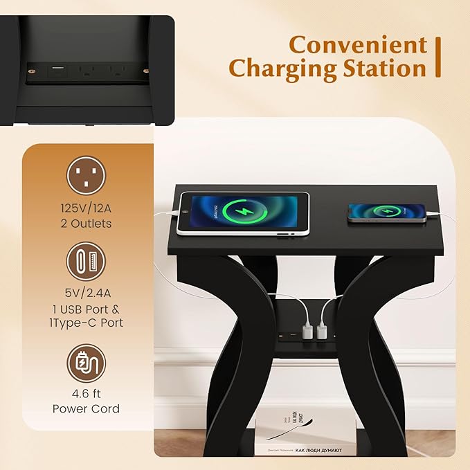 Giantex Narrow End Tables with Charging Station Set of 2, Wood Sofa Side Tables with Open Storage Shelves, Bedside Tables with USB Ports & Outlets, Modern Nightstands for Living Room, Bedroom, Black