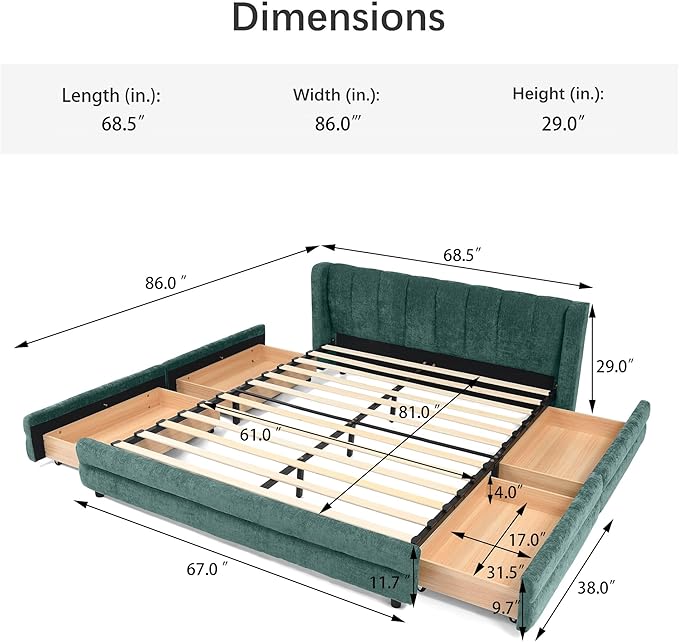 DEINPPA Queen Size Bed Frame with 4 Storage Drawers and Cloud Soft Headboard, Chenille Upholstered Grounded Wood Base Bed Frame, No Box Spring Needed-Blue+Green