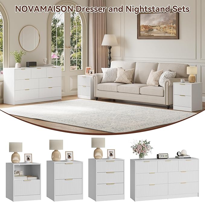 7 Drawer Dresser & Nightstand Set 3-Piece, 55” Wide Bedroom Dresser Set Night Stand Set of 2 with Metal Handle, Fluted Modern Wood Chest of Drawers Storage Dressers Set for Bedroom, White