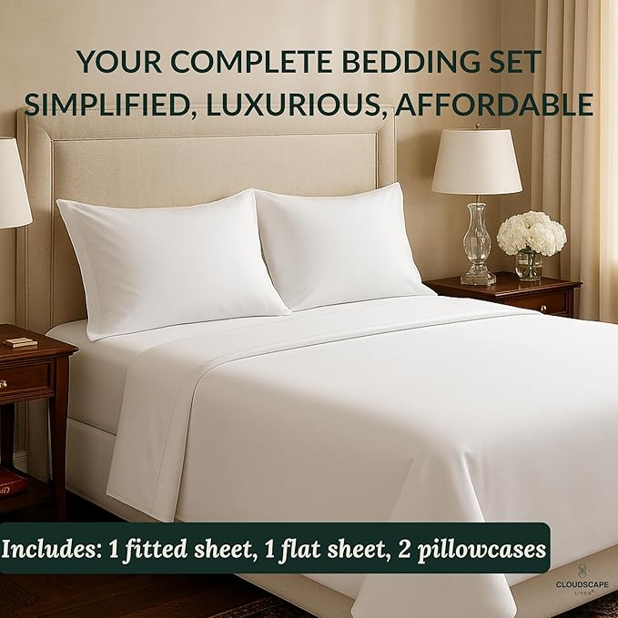 Cloud Scape Linen 100% Egyptian Cotton Sheets for Queen Size Bed, 400 Thread Count, 4 Pieces Bedding Set, Hotel Quality, Silky Soft, Deep Pockets up to 17”, White