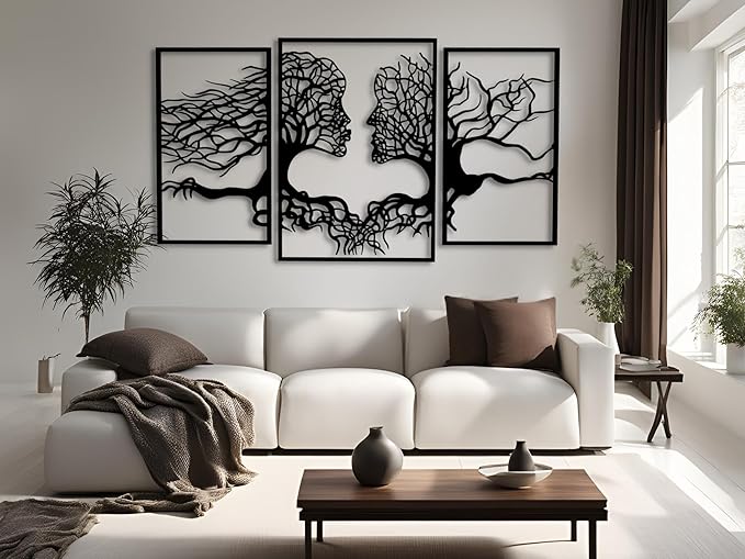 VAILLA Tree of Life Wall Wooden Art Abstract Tree Man Woman Face Large 3D Wooden Wall Decor Set of 3 Hanging Sculpture Modern Home Decoration 3D Textured Sculptures for Living Room Bedroom Office Dinnig Room (59"L x 35"W)